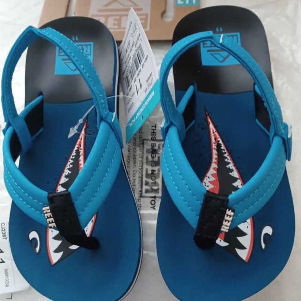 Reef Blue and Black Flip Flop Sandals with Shark Design